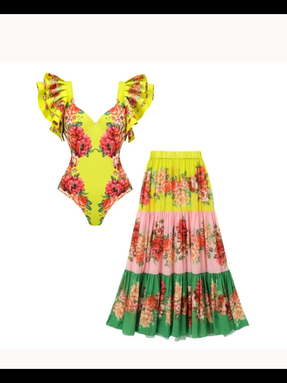 Bright Floral Ruffled One-Piece and Tiered Skirt Set - Yellow Pink Green